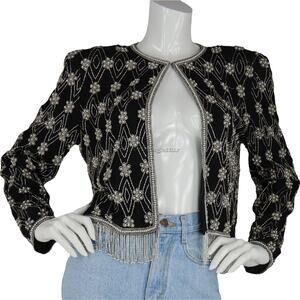 90s Vintage Fringe Pearlcore Evening Party Formal Glam Art Deco Cropped Jacket